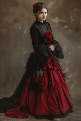 Fototapeta premium Victorian lady. Young woman portrait in eighteenth century image posing. elegant historical dress and hairstyle 