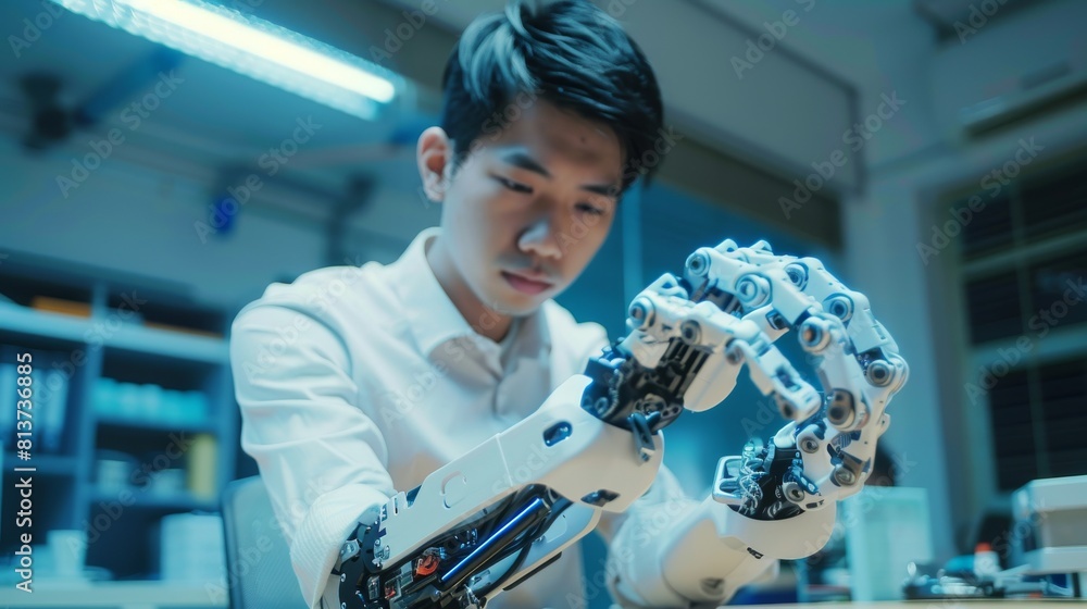Poster educating and robotics in the modern university of technology class concept. asian male engineer usi