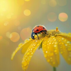 Naklejka premium Ladybug Perched on a Yellow Flower Petal with Glistening Water Drops Bokeh Background
