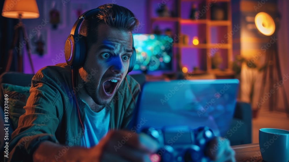 Poster the streamer is a stylish man streaming his gaming progress from home from within an apartment. memb