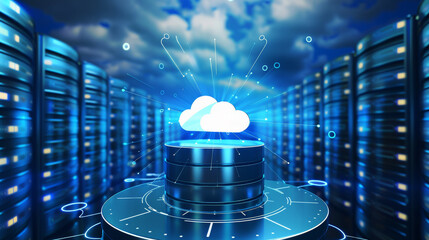 Futuristic data center with a glowing cloud symbol denoting cloud computing