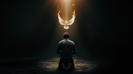 Pentecost concept art. Glowing white dove of the holy spirit descending upon a young christian man. Man on his knees receiving the holy ghost symbolized by a white glowing dove of fire.