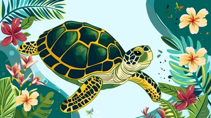 a festive modern poster with a turtle illustration in the style of a flat stock illustration and the inscription "World Turtle Day"