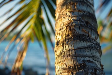 A closeup view of a palm tree standing tall against the backdrop of the ocean