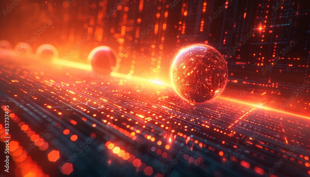 Poster abstract digital technology background with glowing orbs and abstract shapes.