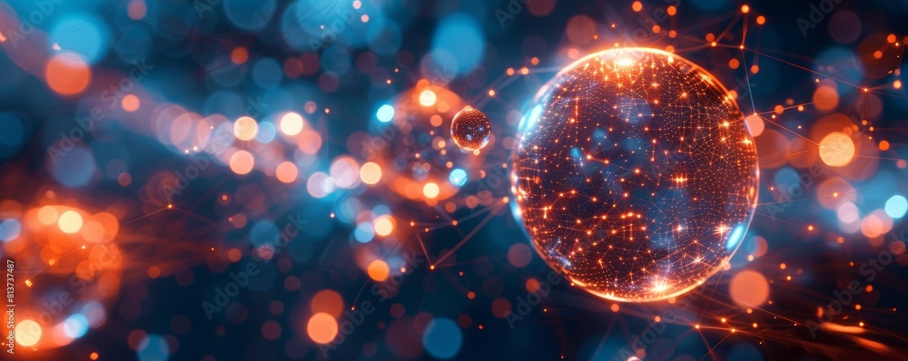 Poster abstract digital technology background with glowing orbs and abstract shapes.