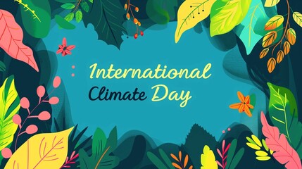 a festive modern poster with a flat illustration of a girl and plants and the text "International Climate Day"