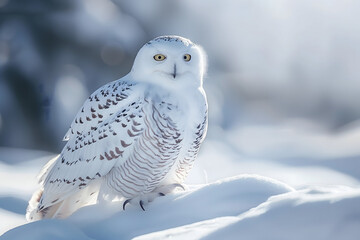 A snowy owl sitting on a pristine layer of snow
