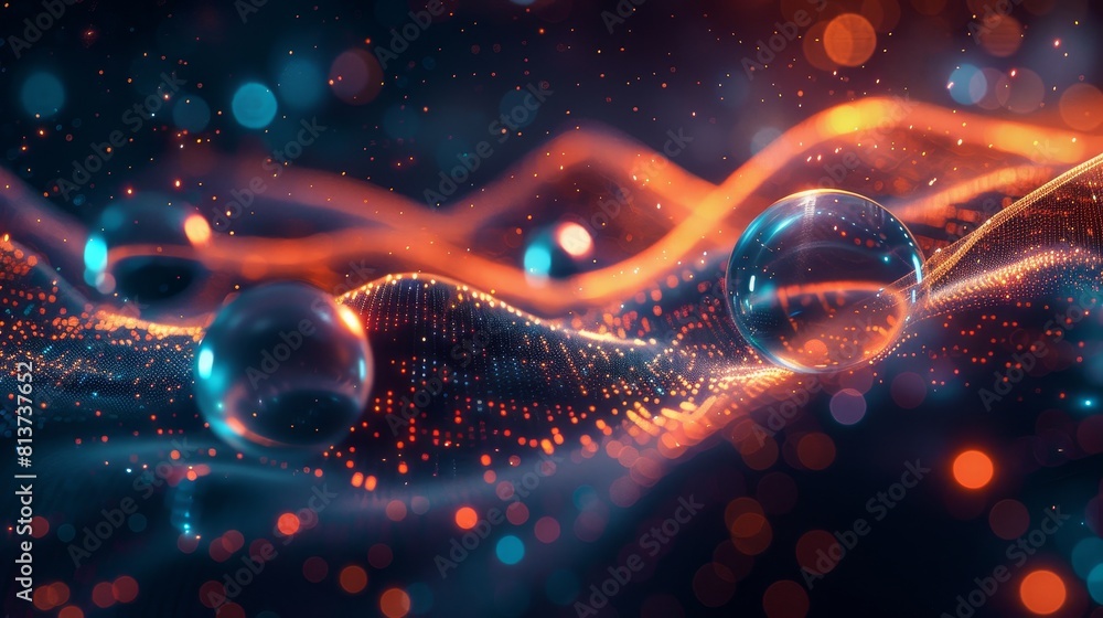 Poster abstract digital technology background with glowing orbs and abstract shapes.