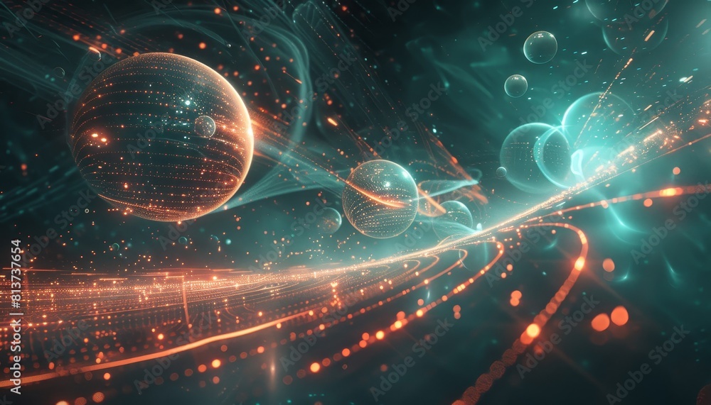 Poster abstract digital technology background with glowing orbs and abstract shapes.