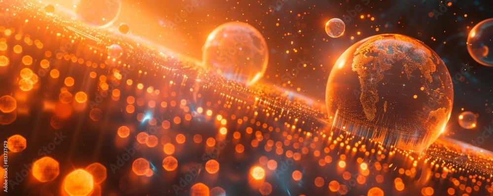 Poster abstract digital technology background with glowing orbs and abstract shapes.