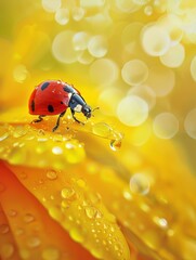Ladybug Perched on a Yellow Flower Petal with Glistening Water Drops Bokeh Background