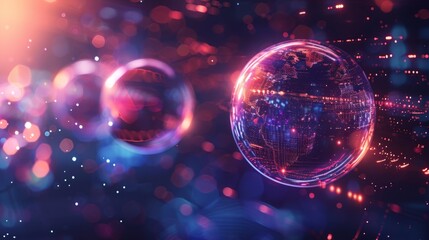 Abstract digital technology background with glowing orbs and abstract shapes.