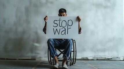 A combat veteran in a wheelchair is shown holding a placard that states "Stop War," advocating for an end to conflict based on his anti-war views.