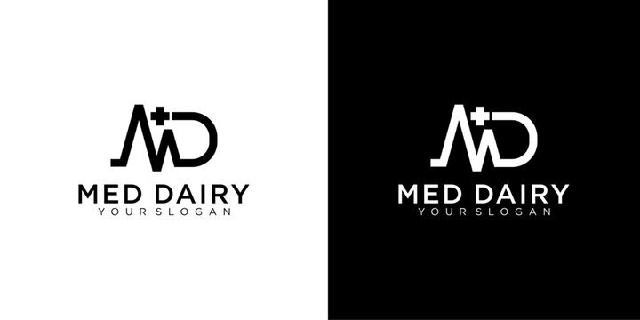 MD letter medicine Logo Design Vector Template. Abstract Alphabet MD with cross logo Illustration