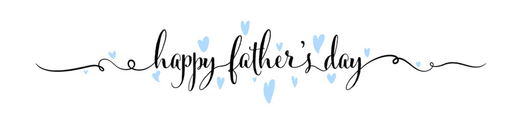 Happy Fathers Day banner, line art text, blue hearts