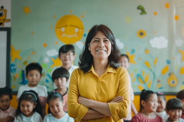 Portrait of smiling asian teacher in a class at kindergarten elementary school looking at camera with learning kids on background