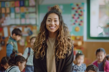 Portrait of smiling teacher in a class at kindergarten elementary school looking at camera with learning kids on background