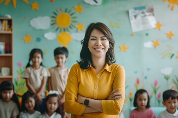 Portrait of smiling asian teacher in a class at kindergarten elementary school looking at camera with learning kids on background
