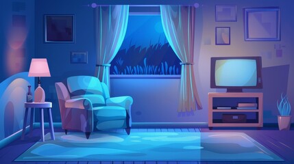 An interior cartoon of a living room at night made up of cozy armchairs, tv sets, and carpets. 2d comfortable furnished flat livingroom.