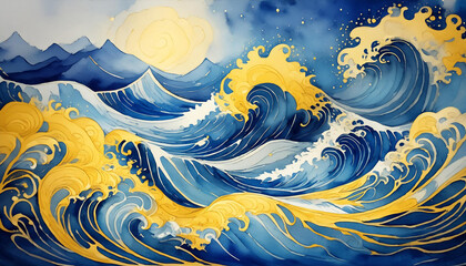 Wallpaper or background of magical artistic painted ocean waves. Unique blue and gold wavy swirls. Decor and design. AI Generated