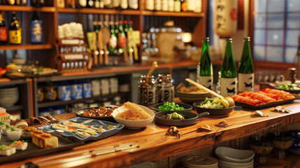 Fototapeta premium a depiction of a Japanese (pub) scene with a variety of small plates and appetizers spread across a wooden bar counter, including edamame, yakitori skewers, and agedashi tofu, perfect for sharing.