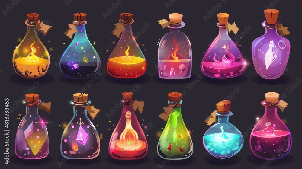 Aufkleber the elixir or potion bottle in the game cartoon modern set has a cork and label. witchcraft and apot
