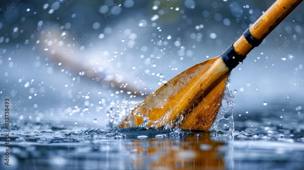 Poster dynamic freeze frame water droplets emanating from paddle exiting water, sporting event concept
