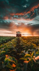 Fototapeta premium Tractor in Action Spraying Pesticides on a Soybean Field