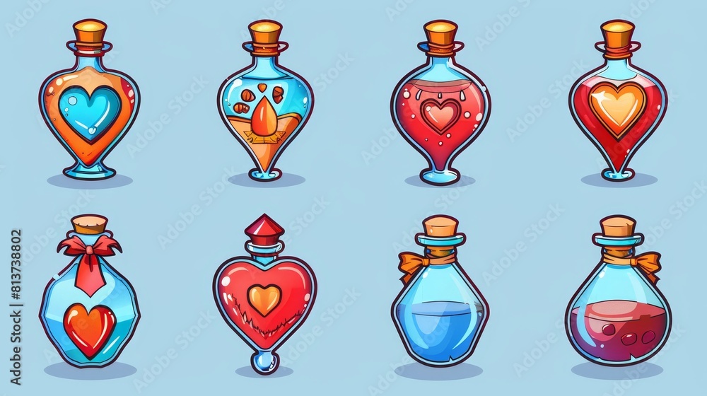 Aufkleber sprite sheet animation of a love potion bottle isolated on a red background. illustration of a heart