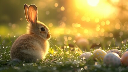 Brown bunny with sitting with golden sunshine shining under tree at in sunny day with easter egg scattering around at grass or magical garden. Fluffy rabbit sitting near colorful easter egg. AIG42.