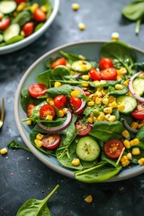 diet salad salad of tomatoes, cucumbers, greens and corn. Selective focus