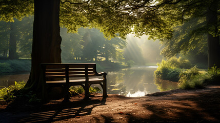 Lakeside bench glowing under a vibrant sunset