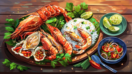 a depiction of a traditional Thai seafood feast on a wooden banquet table, featuring grilled fish,...