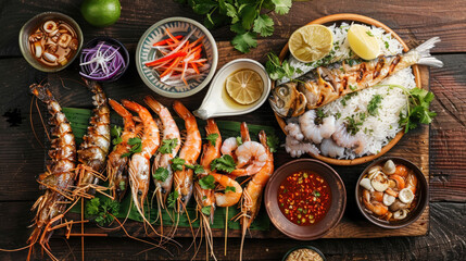 a depiction of a traditional Thai seafood feast on a wooden banquet table, featuring grilled fish,...