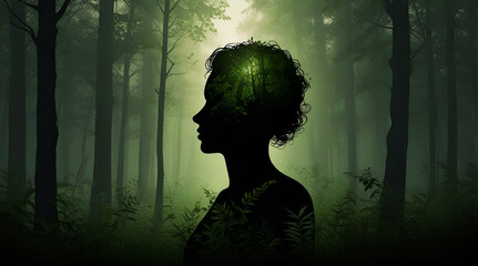 A HEAD OF WOMAN IN THE FOREST CONCEPT OF ENVIRONMENT.GENRATIVE.AI