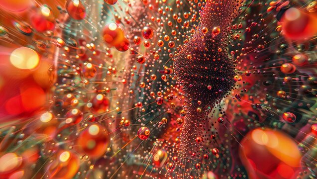 Vivid abstract rendering of fiery red and orange orbs and spheres suspended in luminous streams, evoking cosmic energy and movement against a blurred background.