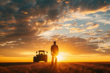 A farmer proudly stands in a vast field at sunset, with a tractor in the background