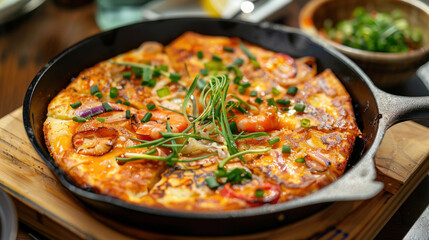 an image of a seafood pancake (haemul pajeon) sizzling on a cast iron skillet set on a wooden counter, filled with a variety of fresh seafood and scallions, perfect for sharing with friends.