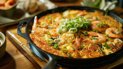 an image of a seafood pancake (haemul pajeon) sizzling on a cast iron skillet set on a wooden counter, filled with a variety of fresh seafood and scallions, perfect for sharing with friends.