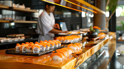 an image of a sushi bar counter made of polished wood, adorned with plates of freshly prepared nigiri and rolls, with a skilled sushi chef behind the counter, showcasing the authentic atmosphere  - Powered by Adobe