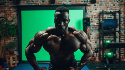 An attractive African American man does squats with his trainer via an online video app on his TV. An attractive mixed-race athlete uses a chroma key green screen to simulate a virtual gym