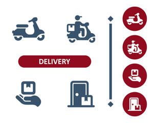 Delivery icons. Delivery man, courier, scooter, hand, box, package, parcel, door, delivering icon