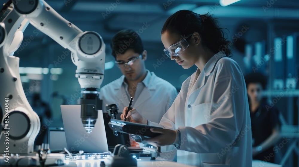 Poster engineers discuss the development of a robotic arm machine with their colleagues, while scientists r