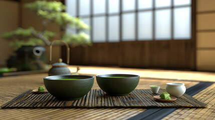 an image of a traditional Japanese tea ceremony set on a wooden tatami mat, featuring matcha tea...