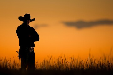 A cowboy silhouette stands in a golden field at sunset, capturing the last moments of daylight