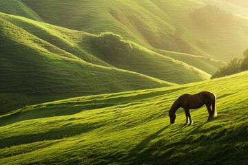 A horse grazing leisurely on a lush green grassy hillside - Powered by Adobe
