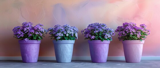 Potted violet flowers flat design front view home decor theme 3D render Triadic Color Scheme