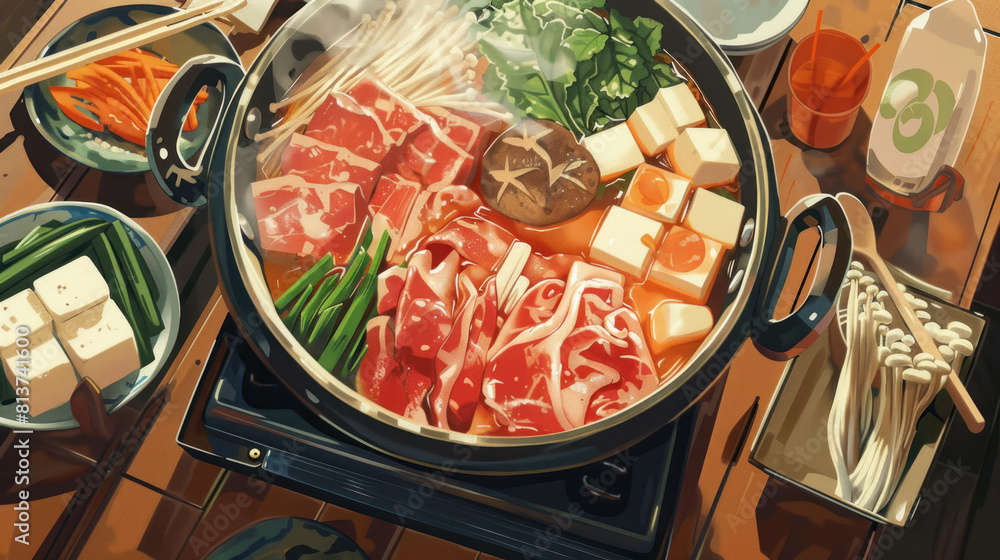 Canvas Prints a scene of a hot pot (nabe) simmering on a portable stove atop a wooden table, filled with thinly sliced meat, tofu, vegetables, and noodles, evoking the cozy atmosphere of a Japanese winter meal.