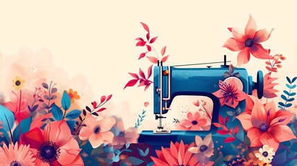 a festive modern poster with an illustration of a sewing machine and flowers in the style of a flat stock illustration and the inscription "Sewing Machine Day"